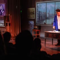 Actor Rodie Kozlovsky performs in a play incorporating the works of the late German artist and Holocaust survivor Leo Haas at Yad Vashem’s newly opened theater. 