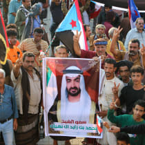 Supporters of the UAE-backed separatist Southern Transitional Council (STC) hold a poster of Sheikh Mohamed bin Zayed Al Nahyan, President of the United Arab Emirates, during a rally in Aden, Yemen, January 1, 2026.
