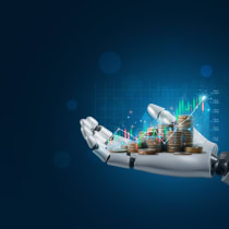 An illustrative image of a robot hand holding money in what represents artificial intelligence (AI) in the finance sector.
