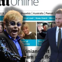 Elton John (izquierda) y el príncipe Harry sobre una captura de pantalla del Daily Mail. 