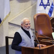 Indian Prime Minister Narendra Modi speaks at Israel’s Knesset during his visit on February 25, 2026.