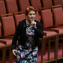 ONE NATION leader Pauline Hanson walks out during debate on a censure motion in the Senate chamber at Parliament House in Canberra, Australia, March 2, 2026. 