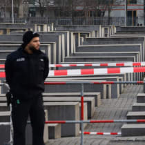 (ILLUSTRATIVE) Police officers are seen near the Holocaust Memorial a day after stabbing in Berlin, Germany on February 22, 2025.