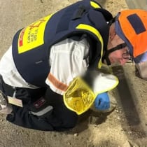 El paramédico de Magen David Adom, Elad Pas, protege a un bebé recién nacido durante una alerta de misil.