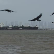 Birds fly near the Jag Vasant vessel transferring LPG at a port after transiting the Strait of Hormuz amid supply disruptions linked to the US-Israeli conflict with Iran, in Mumbai, India, April 1, 2026. 