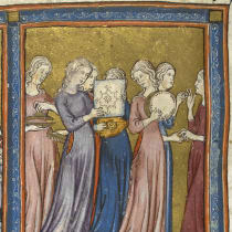 TAMBOURINE PLAYERS from the ‘Golden Haggadah’ (c. 1320), reflecting a medieval vision of Miriam and the women’s song after the crossing of the sea, The British Library, London