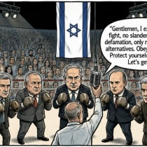 AN AI-GENERATED cartoon illustration depicting Israeli political leaders in a boxing ring, ready to contest the elections. Figures representing the haredim and Israeli Arabs are on the sides, reflecting the author’s belief that they do not follow the consensus regarding support for the state.