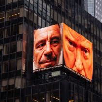 A digital billboard, paid for by The Lincoln Project Advocacy, shows images of US President Donald Trump (R) and late convicted sex offender Jeffrey Epstein in Times Square in New York City on April 30, 2026. 