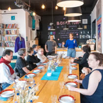 Participants in the Miszpucha Foundation trip for Polish Jewish emigrants and their descendants have lunch at the Jewish Community Center in Warsaw, Poland.