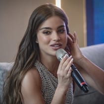 Noa Kirel speaks during a press conference in Ra’anana on February 17, 2026, ahead of her upcoming concert at Park HaYarkon.