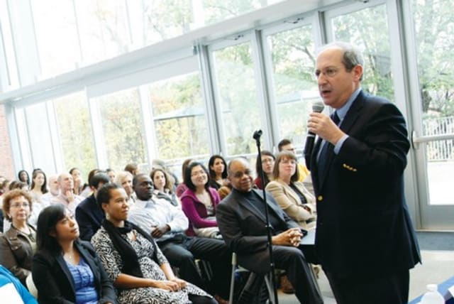 Frederick Lawrence presents the keynote speech on the state of diversity and equity at the Heller School of Social Policy and Management at Brandeis last fall. (photo credit: MIKE LOVETT)