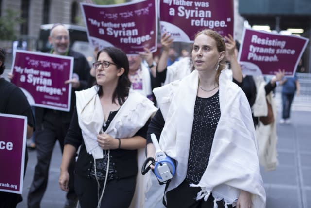 Rabbi Rachel Kahn Troster, T’ruah’s director of programs (left) and Rabbi Jill Jacobs, Truah’s executive director (right) marching along 5th Avenue. (photo credit: CHRISTOPHER PARKS)
