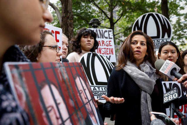 Sonia Ossorio, President of the National Organization for Women of New York, speaks during a rally to call upon Manhattan District Attorney Cyrus Vance Jr. to reopen a criminal investigation against Harvey Weinstein, New York, October 2017 (photo credit: REUTERS/BRENDAN MCDERMID)