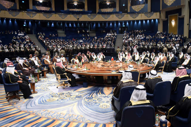 Leaders and representatives of Gulf Cooperation Council (GCC) attend a meeting during their annual summit in Kuwait City, Kuwait, December 5, 2017.  (photo credit: REUTERS)