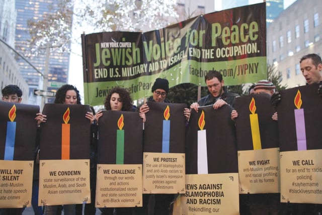 MEMBERS of Jewish Voice for Peace demonstrate in New York in 2015. (Courtesy) (photo credit: Courtesy)