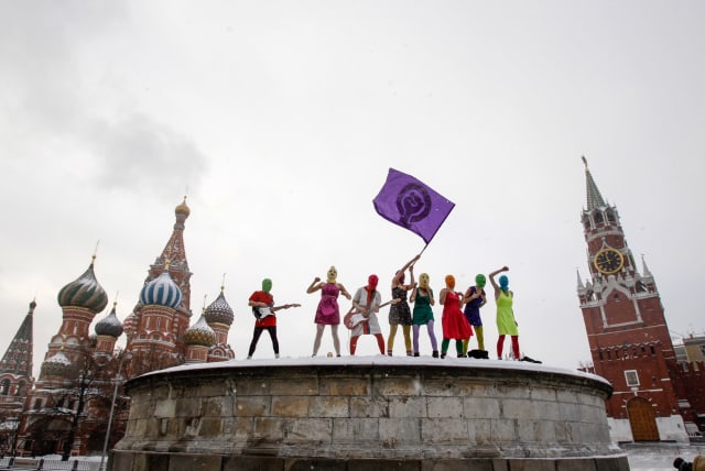The members of Pussy Riot in the Red Square in Moscow (photo credit: ALEXANDER SOFEEV)