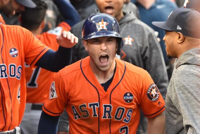 Houston Astros third baseman Alex Bregman (2) reacts after scoring a run against the Los Angeles Dodgers in the first inning in game seven of the 2017 World Series at Dodger Stadium. (photo credit: JAYNE KAMIN-ONCEA-USA TODAY SPORTS/REUTERS)