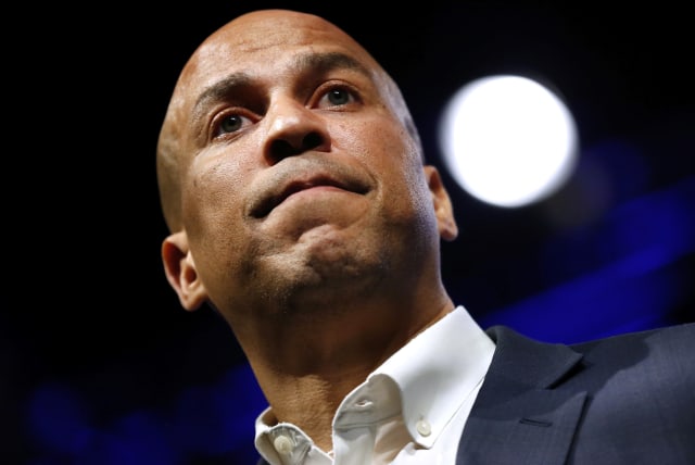 US Senator Cory Booker (D-NJ) speaks at the Netroots Nation annual conference for political progressives in New Orleans, Louisiana, US, August 3, 2018 (photo credit: JONATHAN BACHMAN/REUTERS)
