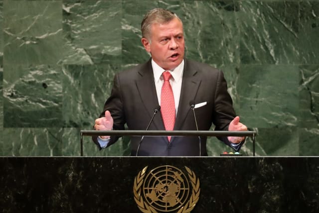 Jordan's King Abdullah II ibn Al Hussein addresses the 73rd session of the United Nations General Assembly at UN headquarters in New York, September 25, 2018 (photo credit: CARLO ALLEGRI/REUTERS)