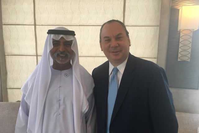 Rabbi Marc Schneier with United Arab Emirate's Minister of Tolerance, Sheikh Nahyan bin Mubarak. Schneier said Gulf States have asked him to help create a relationship with Evangelical Christians in the US. (photo credit: COURTESY OF THE FOUNDATION FOR ETHNIC UNDERSTANDING.)