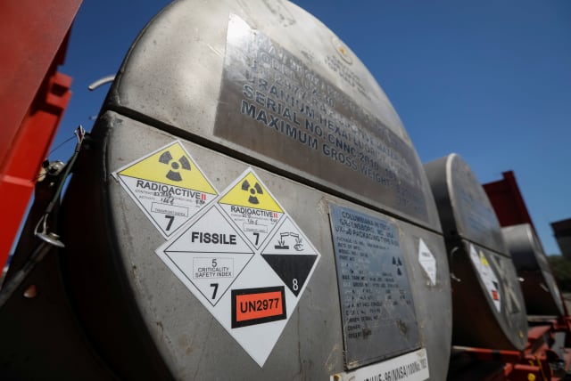 A view shows railway packages for containers with uranium hexafluoride salt, raw material for nuclear reactors, similar to the one be used for the IAEA Low Enriched Uranium (LEU) Bank (photo credit: SHAMIL ZHUMATOV / REUTERS)