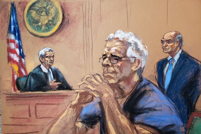 Jeffrey Epstein looks on during a status hearing in his sex trafficking case, in this court sketch in New York (photo credit: REUTERS/JANE ROSENBERG)