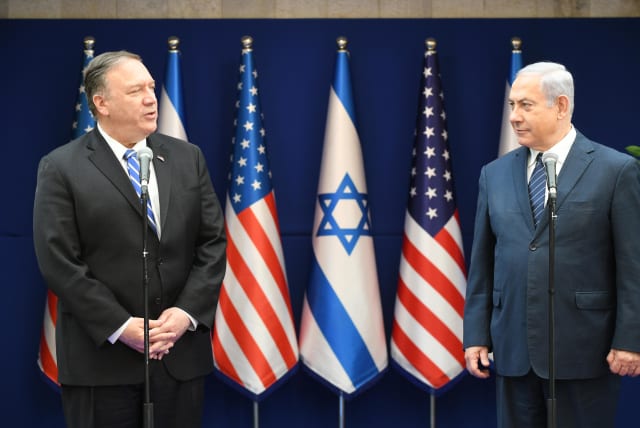 US Secretary of State Mike Pompeo and Prime Minister Benjamin Netanyahu meet in Jerusalem, October 18 2019 (photo credit: AMOS BEN-GERSHOM/GPO)