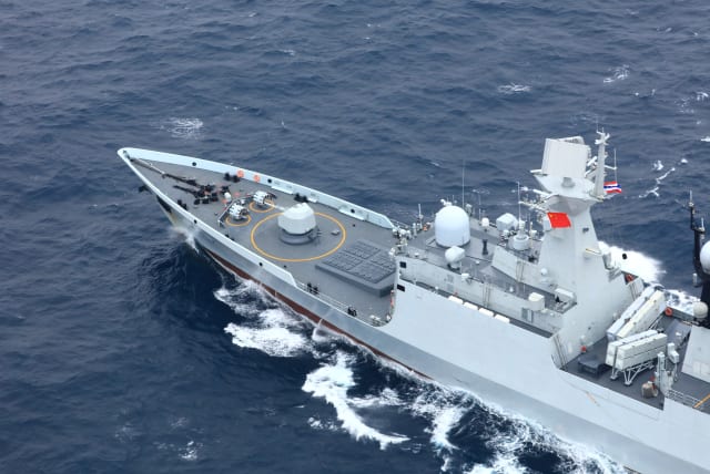 Chinese People's Liberation Army (PLA) Navy’s guided-missile frigate Yueyang takes part in a China-Thailand joint naval exercise in waters off the southern port city of Shanwei, Guangdong province, China May 6, 2019. (photo credit: REUTERS)