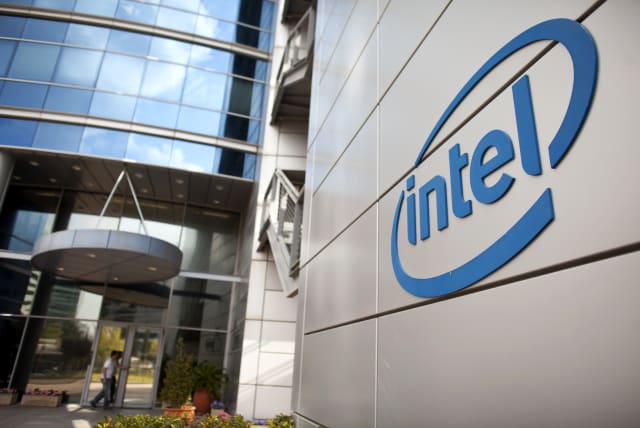 An Intel logo is seen at the company's offices in Petah Tikva, near Tel Aviv October 24, 2011. (photo credit: NIR ELIAS / REUTERS)