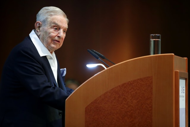 Billionaire investor George Soros speaks to the audience at the Schumpeter Award in Vienna, Austria June 21, 2019.  (photo credit: REUTERS/LISI NIESNER)