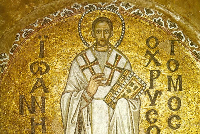 A Byzantine mosaic of Archbishop of Constantinople John Chrysostom from the Hagia Sophia (photo credit: Wikimedia Commons)