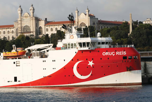 TURKEY’S SEISMIC research vessel ‘Oruc Reis’ is seen in Istanbul in August 2019. It recently left Greek waters where it had been sailing 200 km south of the island of Kastellorizo. (photo credit: REUTERS/MURAD SEZER)