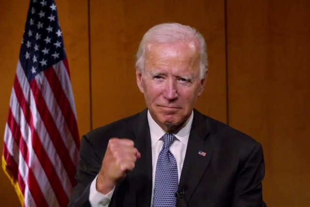 Democratic presidential candidate and former Vice President Joe Biden appears by video feed at start of the all virtual 2020 Democratic Convention hosted from Milwaukee, Wisconsin, August 17, 2020 (photo credit: 2020 DEMOCRATIC NATIONAL CONVENTION/POOL VIA REUTERS)