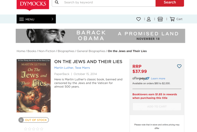 The antisemitic book "The Jews and Their Lies" offered for sale on Dymocks website. (photo credit: ANTI DEFAMATION COMISSION)