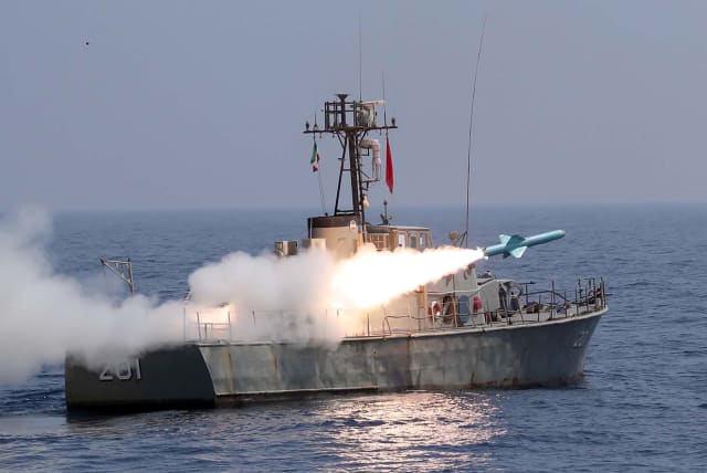 A missile is launched during the annual military drill, dubbed “Zolphaghar 99”, in the Gulf of Oman with the participation of Navy, Air and Ground forces, Iran on September 9, 2020 (photo credit: WANA NEWS AGENCY/REUTERS)