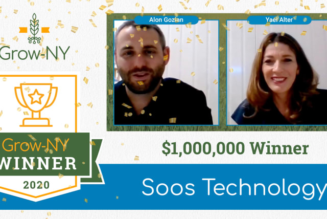 Founder and CEO Yael Alter, along with VP of Business Development Alon Gozlan receive the news that their start-up, Soos Technologies, has won the $1 million grand prize at the NY-Grow competition. (photo credit: SOOS TECHNOLOGIES)