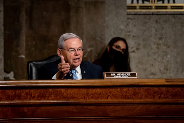 Senate Committee on Foreign Relations Ranking Member Bob Menendez (D-NJ) speaks during a Senate Foreign Relations Committee hearing on US Policy in the Middle East, on Capitol Hill in Washington, DC, US, September 24, 2020. (photo credit: ERIN SCHAFF/POOL VIA REUTERS)