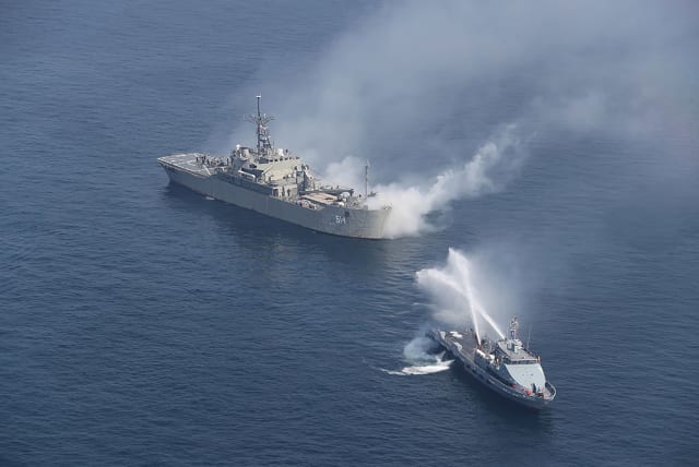 Iranian warships are seen during a joint naval exercise with Russian navy in the Indian Ocean, Iran February 16, 2021. Picture taken February 16, 2021. (photo credit: IRANIAN ARMY/WANA (WEST ASIA NEWS AGENCY) VIA REUTERS)