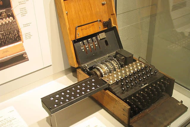 German Enigma machine from World War II, at the Imperial War Museum, London, England. (photo credit: Wikimedia Commons)