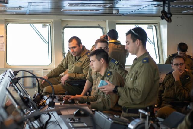 Soldiers are seen inside the INS Magen, the Israeli Navy's Sa'ar 6 corvette missile ship. (photo credit: IDF SPOKESPERSON'S UNIT)