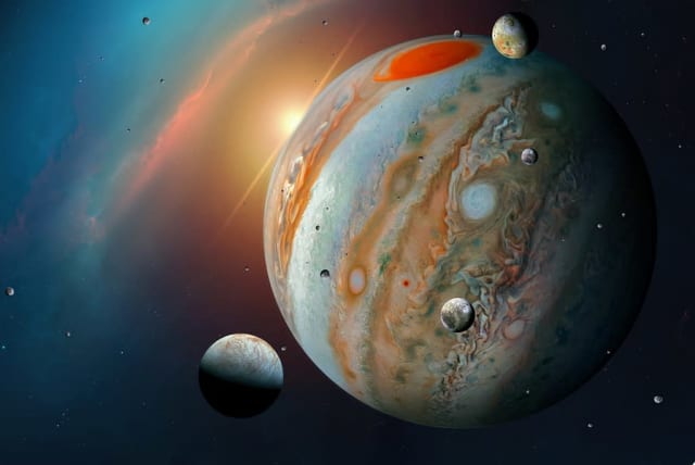 Jupiter, the solar system's largest planet, is seen alongside its moons (illustrative). (photo credit: PIXABAY)
