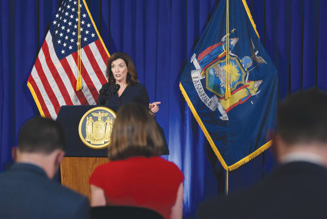  NEW YORK LIEUTENANT Governor Kathy Hochul speaks during a news conference the day after Governor Andrew Cuomo announced his resignation, in Albany.  (photo credit: REUTERS)