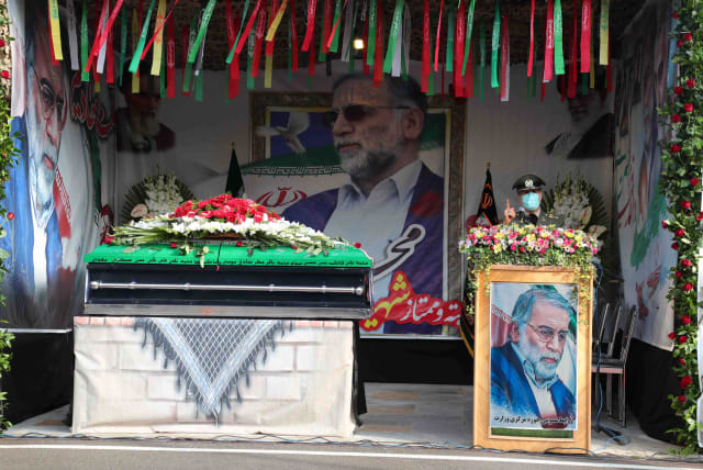  Iranian Defense Minister Amir Hatami, speaks during a funeral ceremony of Iranian nuclear scientist Mohsen Fakhrizadeh, in Tehran, Iran November 30, 2020.  (photo credit: IRANIAN DEFENSE MINISTRY/WANA/HANDOUT/VIA REUTERS)