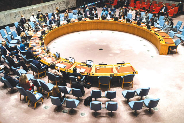  A MEETING of the UN Security Council earlier this year. (photo credit: JOHN MINCHILLO/REUTERS)