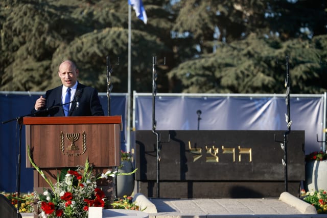  PRIME MINISTER Naftali Bennett addresses a memorial ceremony marking 107 years since the death of Theodor Herzl, held on Mount Herzl in Jerusalem in June. (photo credit: OLIVIER FITOUSSI/FLASH90)
