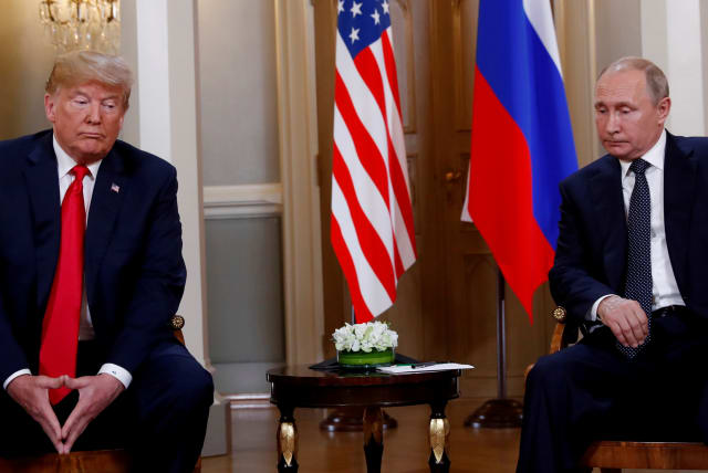  President Donald Trump meets with Russian President Vladimir Putin in Helsinki, Finland, July 16, 2018.  (photo credit: KEVIN LAMARQUE/REUTERS)