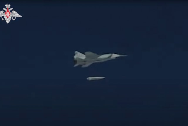  A Russian Air Force MiG-31 fighter jet releases Kinzhal hypersonic missile during a drill in an unknown location in Russia, in this still image taken from video released February 19, 2022. (photo credit: RUSSIAN DEFENSE MINISTRY/HANDOUT VIA REUTERS)