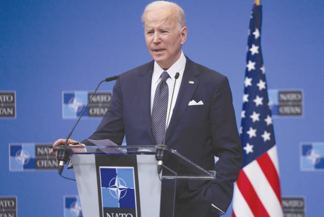  US PRESIDENT Joe Biden speaks during a news conference at a NATO summit last month in Brussels. Biden declared the US will inject 15 BCM of natural gas to the world market in 2022, with more to come in the future. (photo credit: EVELYN HOCKSTEIN/REUTERS)