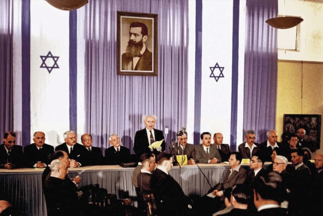  A colorized image of David Ben-Gurion reading Israel’s Declaration of Independence in Tel Aviv on May 14, 1948. (photo credit: ad-design.co.il/ZOLTAN KLUGER/GPO)