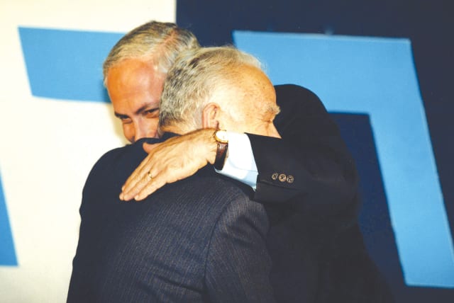  BENJAMIN NETANYAHU hugs former prime minister Yitzhak Shamir after Netanyahu’s victory in the direct election for prime minister in 1996. (photo credit: MOSHE SHAI/FLASH90)